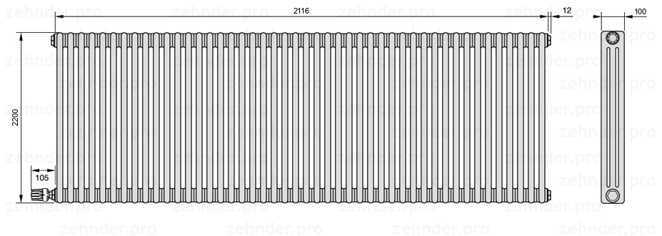 Схема (чертеж) Радиатор Zehnder Charleston 3220/46 №V003 Белый глянцевый RAL 9016